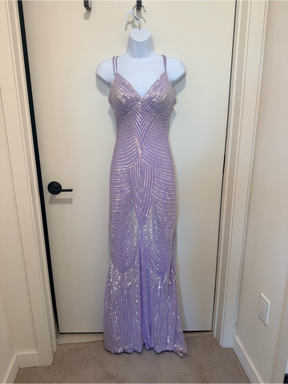 B Darlin Lilac Sequin Maxi Dress with V-Neck and Spaghetti Straps